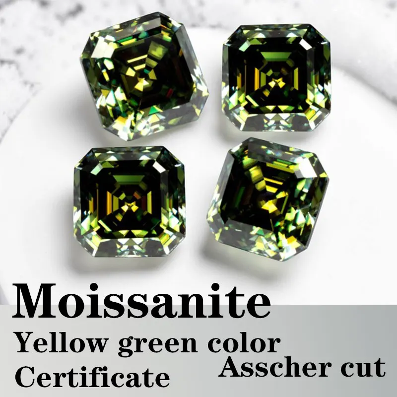 

Moissanite VVS1 Square Shape Asscher Cut Yellow Green Color Certificate Wholesale Synthetic Gemstone