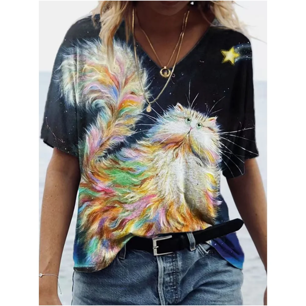 

Cartoon Cat 3d Print Women's T-Shirt Fashion Top Tee T-Shirt Harajuku Casual Short Sleeve V-Neck Oversized Female Clothing