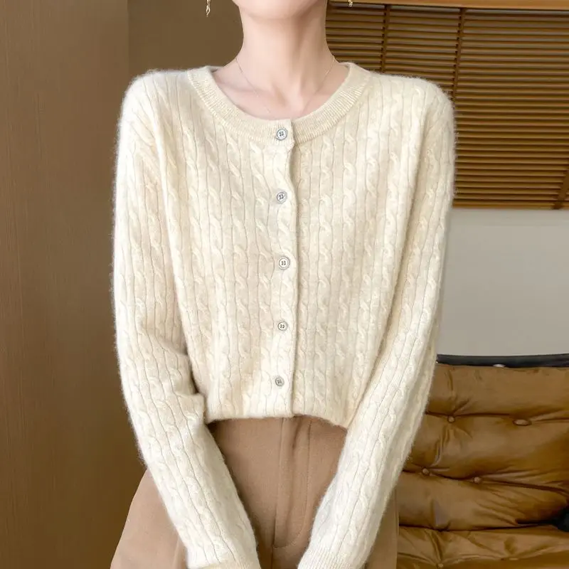 

Spring and Autumn New Round Neck Knit Cardigan Women's Sweater Loose Jacket Thickened Base Long Sleeve Sweater Top