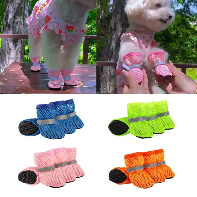 4Pcs Summer Cooling Dog Boots for Night Walks Breathable Mesh Dog Shoes with Reflective Straps & Soft Sole for Paw Protection