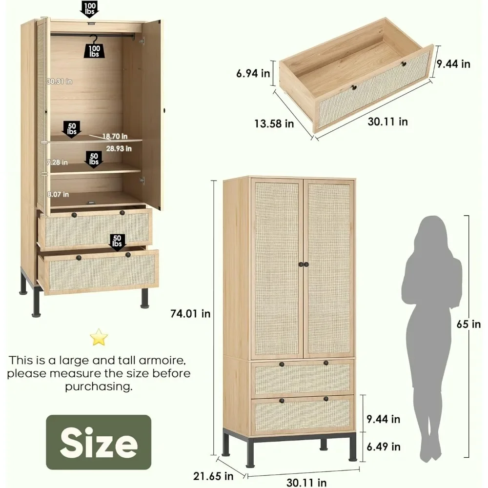 Natural Rattan Armoire Storage Cabinet,Tall Armoire Closet with Doors, Adjustable Shelves and Drawers for Bedroom Utility Pantry