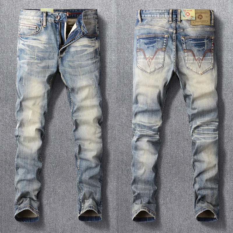 

Джинсы мужские Стрейчевые в винтажном стиле, модные рваные джинсы Slim Fit в итальянском стиле, Дизайнерские повседневные штаны из денима