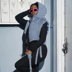 Womens Denim Quilted Cargo Vest Hoodie Jackets Sleeveless Zipper Up Side Hollow Out Bandage Puffer Crop Top Waistcoat