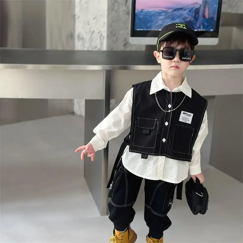 Boys Spring Autumn Clothing Set Baby Fake Two Piece Vest Shirt+Pants 2pcs Set for Korean Casual Children\'s Clothes Handsome Kids