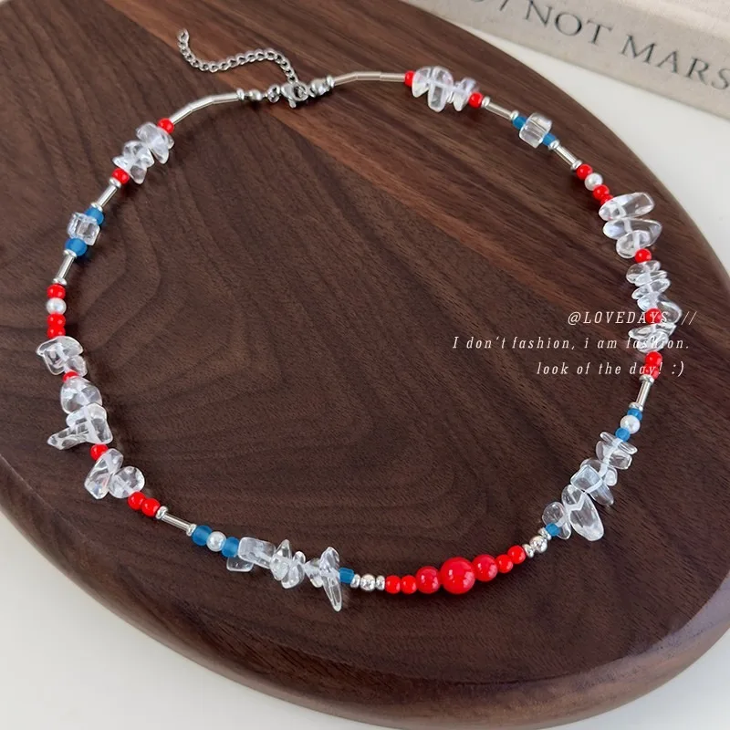 Irregular Red Blue Transparent Glass Beaded Necklace New Chinese Ethnic Style Premium Versatile Choker For Women Daily Party Use