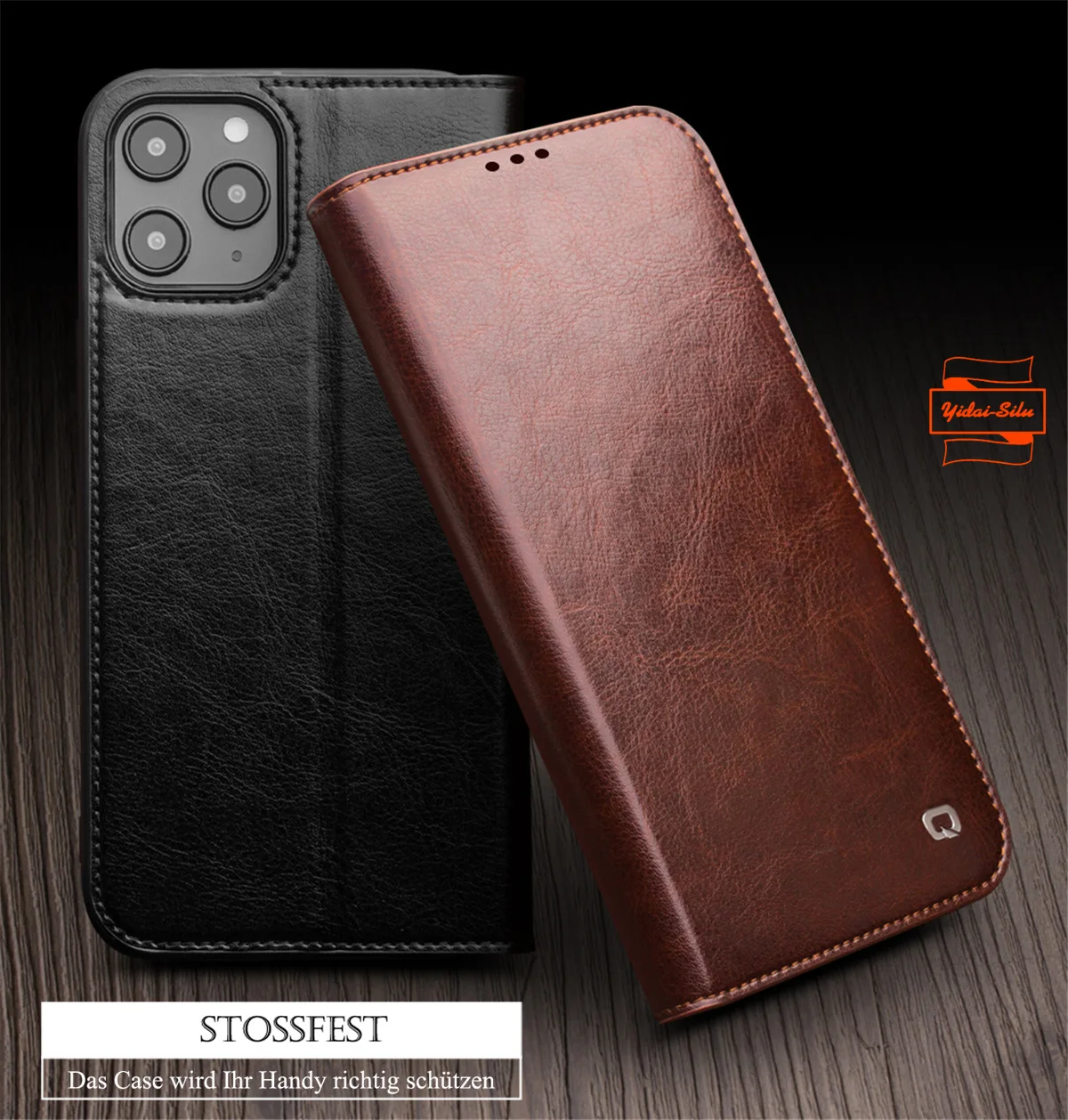 

Yidai-Silu Cowhide Money Holder 3 Card Slots Handmade Classics Real Leather Wallet Flip Case TPU Cover for iPhone 14 13 Pro Max