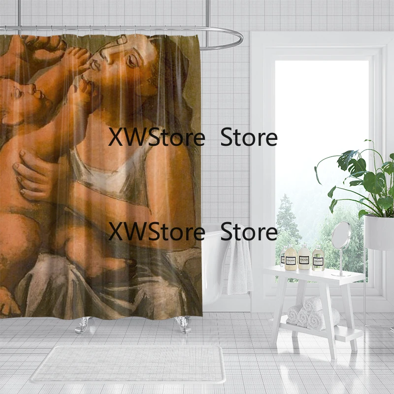 

New Style Exquisite Hand-Drawn Character Sketch Shower Curtain for Bathroom Decor, Waterproof Fabric Bath Curtain with Hooks