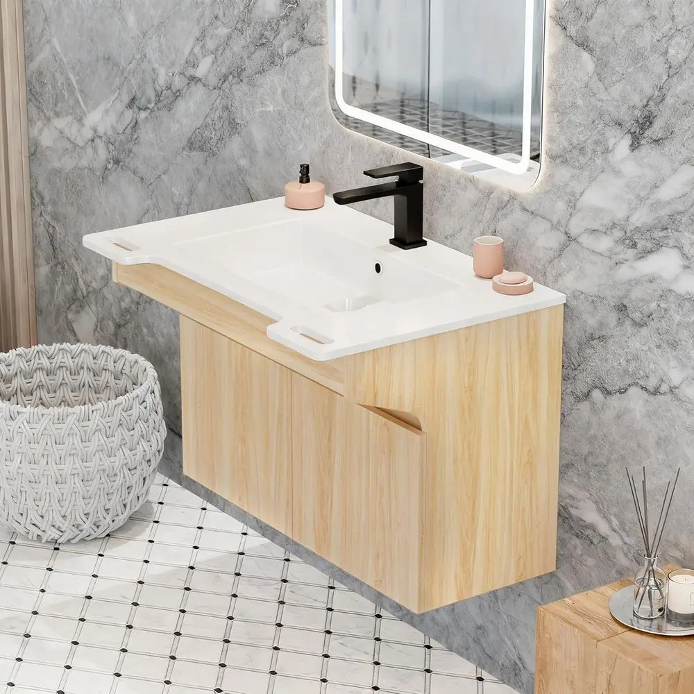 الغرور العائم الحديث المتوافق مع ADA مع خزانة خشبية وحجر الراتنج وقضيب إمساك لكبار السن وكبار السن والمعاقين - Wheelchai