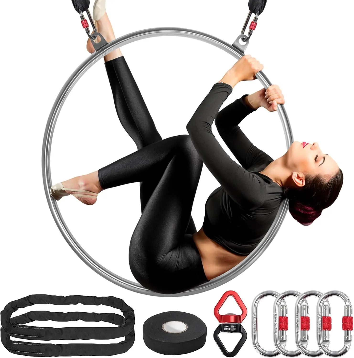 Professional 90cm 25mm Double-Ear Aerial Hoop Kit Lyra Hoop Equipment Kit Anti-Slip Grip Stainless Steel  for Adults Suspension