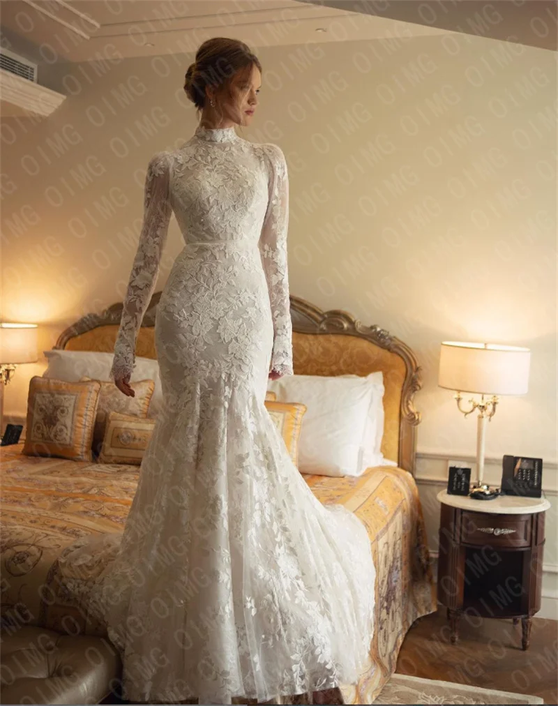 OIMG Vintage Lace Long Sleeves Wedding Dresses Gowns Applique Mermaid High Neck Formal Pricness Bride Bridal Dress Customized