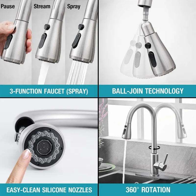 Nickel Touch Sensor Kitchen Faucet with Pull Down Sprayer, Single Handle High Arc Touch Activated Pull Out Kitchen