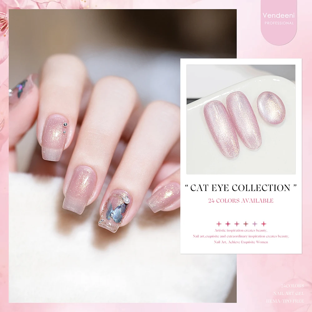 Vendeeni 24 Colors/Set Mixed Pink Gel Nail Polish Semi Permanent Magnetic UV Cat Eye Gel Varnish Glitter Sequin Gel With Display