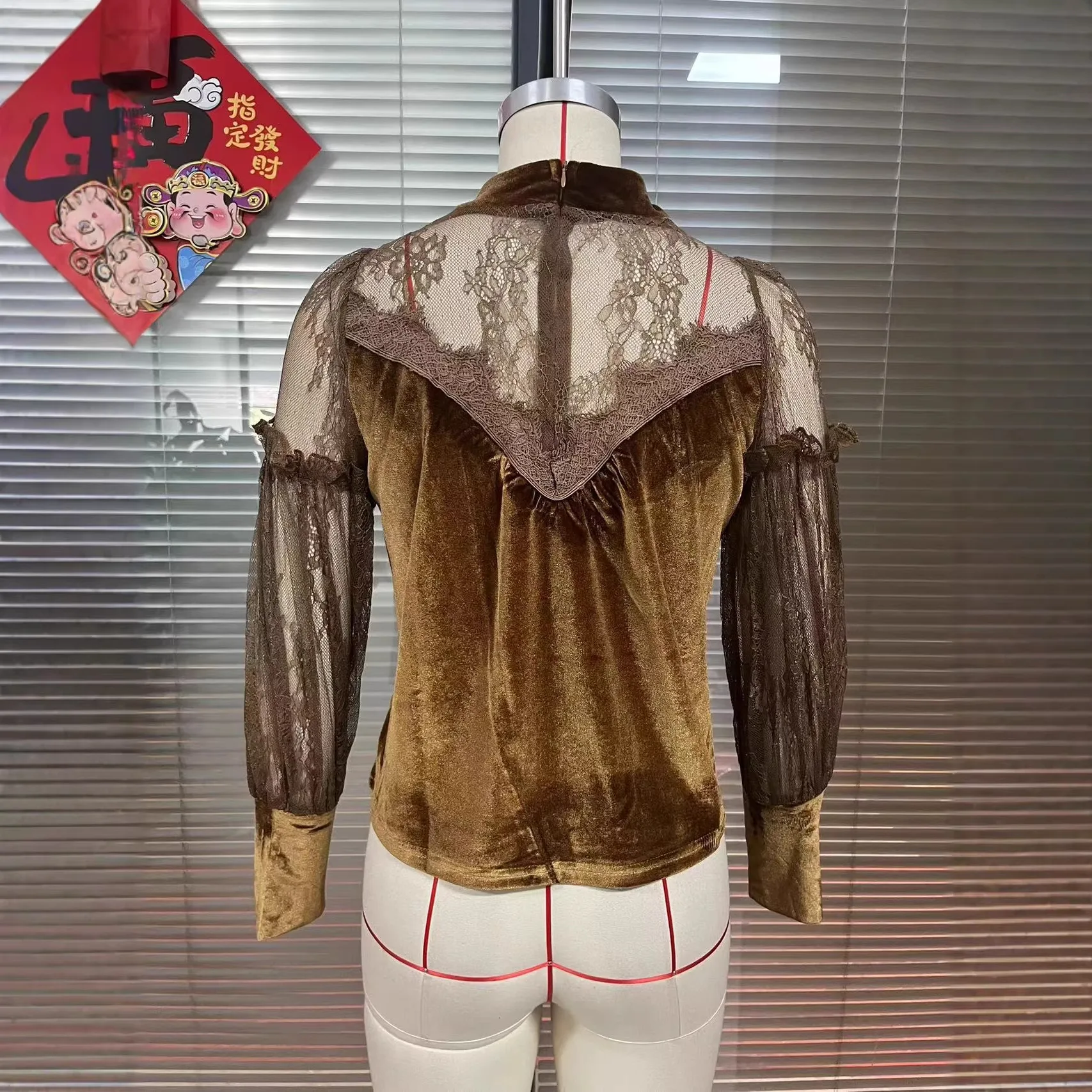 Fashion Women's Velvet Lace Splicing Lantern Long Sleeve Blouse High Neck Elegant Versatile Trendy Casual Commute Daily Wear Top - view 4