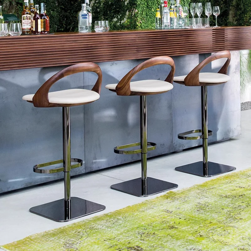 

Light luxury bar chair high stool home modern simple leather island chair solid wood rotating high-end front desk bar chair