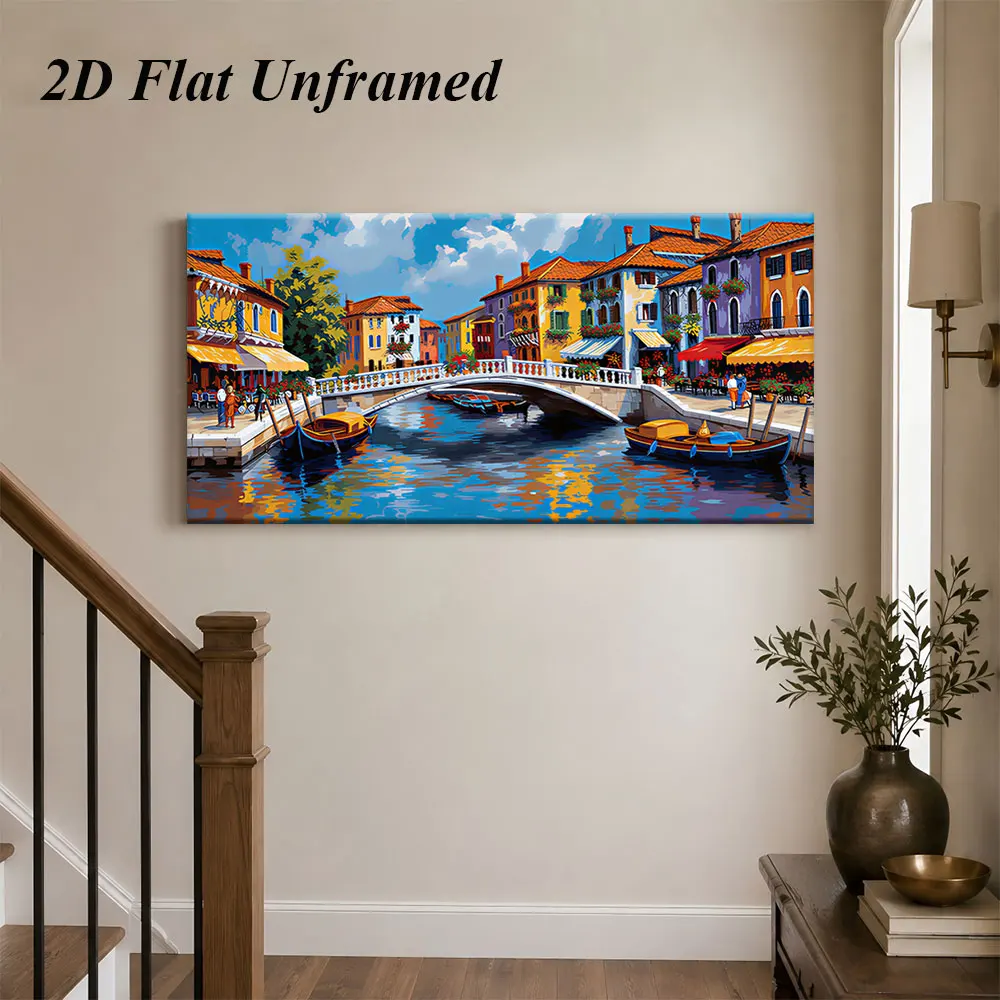 1pc (No frame),1 brightly colored Venetian Canal frameless decorative painting, living room, bedroom, office decoration, 2D plan