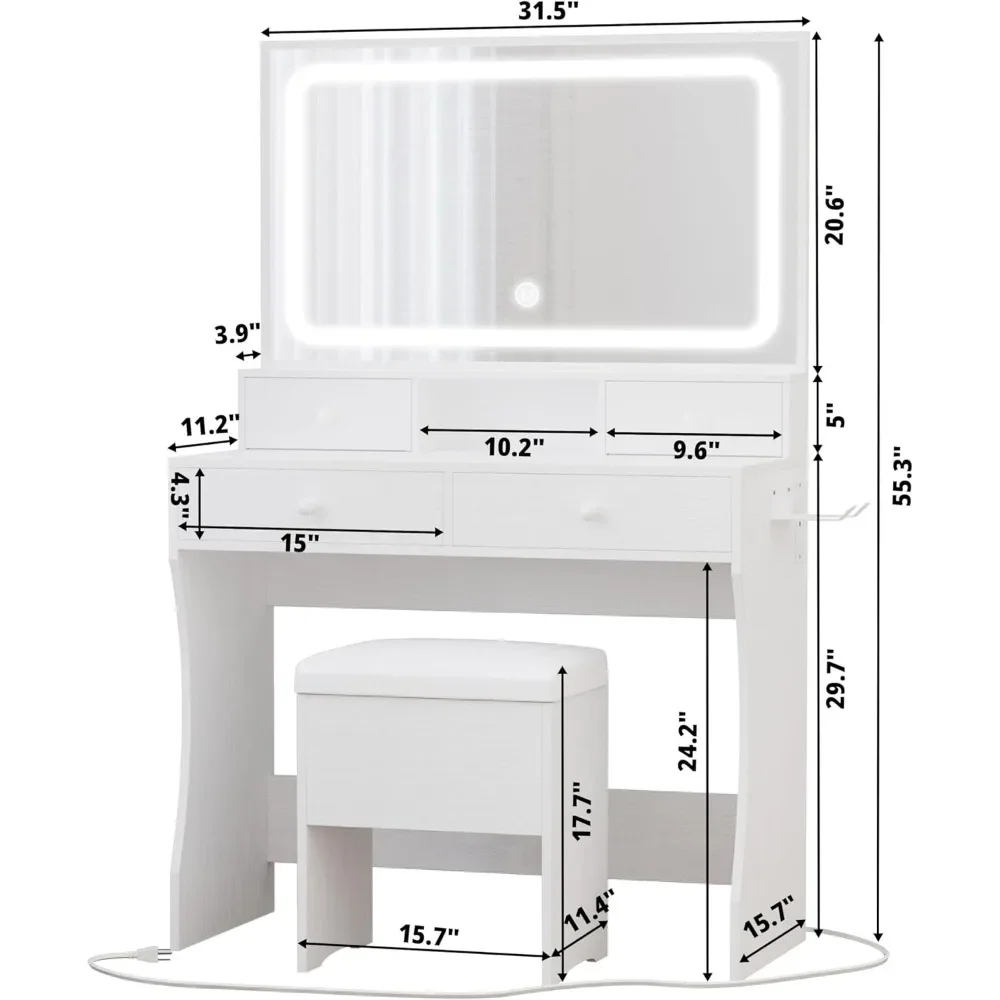 Vanity Desk with LED Lighted Mirror & Power Outlet & 4 Drawers, Makeup Table Set with Storage Stool and Hair Dryer Stand, White