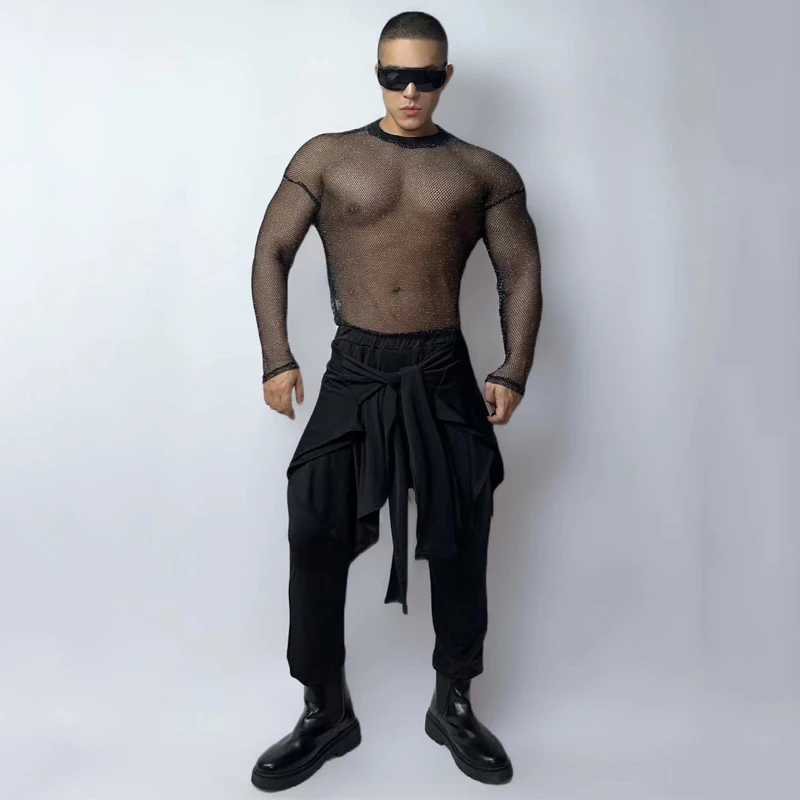 Men Mesh Top Jazz Pants Sexy Pole Dance Clothing Bar Nightclub Dj Ds Gogo Costume Rave Outfit Stage Performance Wear XS6485