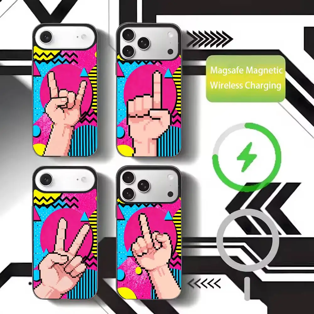 

Pixel Art Gesture Design Phone Case For iPhone17,16,15,14,13,12,11 Plus,Pro Max Magnetic For Magsafe Wireless Charging