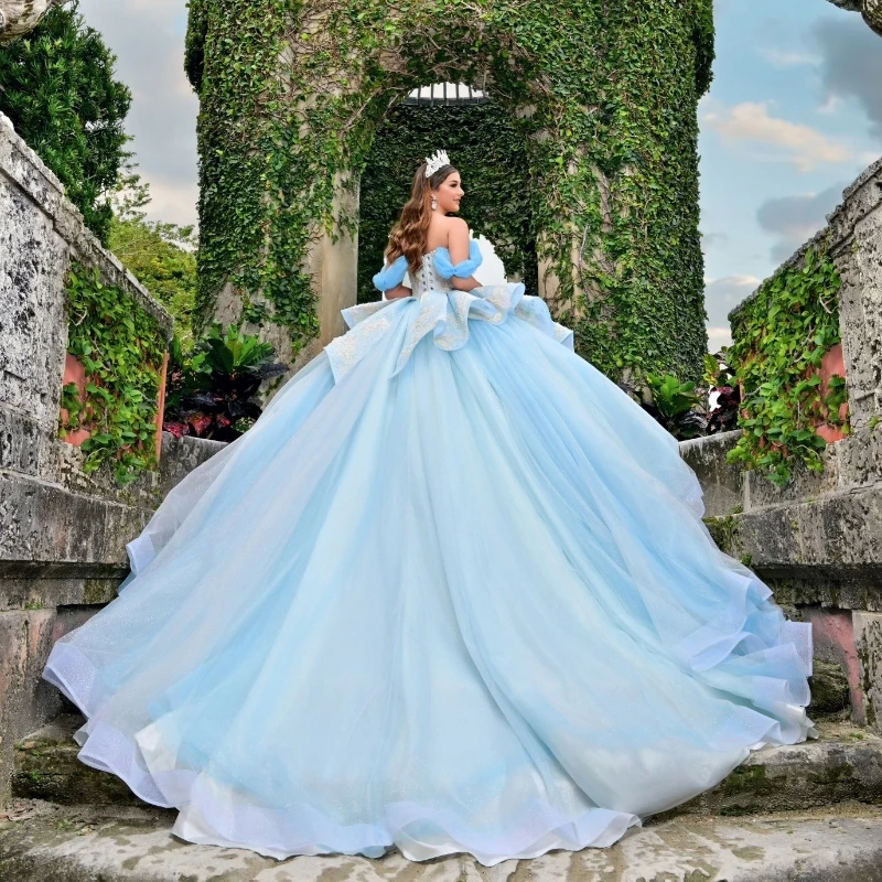 

Sky Blue Shiny Princess Ball Gown Quinceanera Dress Classic Appliqué Lace Beads Tull Sweet 16 Dress Corset Vestidos De 15 Años