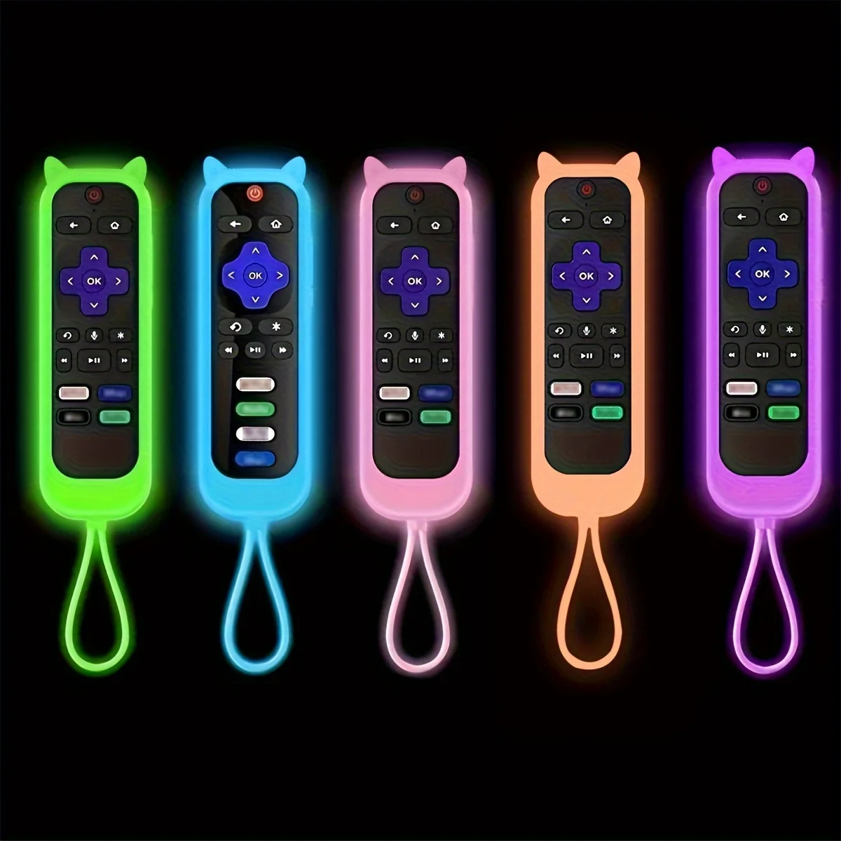 Glow in the dark cute cat\'s ears shaped silicone universal remote control cover with for TCL Hisense Roku TV remote control