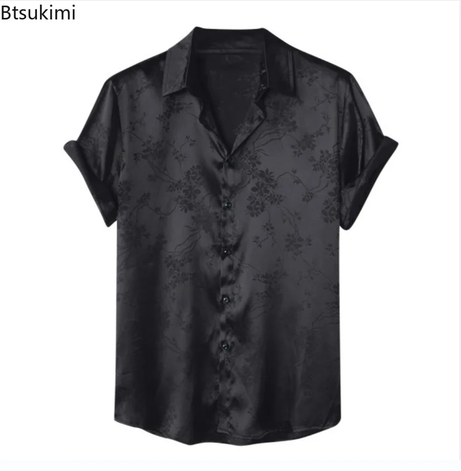 Jacquard de manga curta masculina, Monocromática, Luxo, Estampa floral, Casual, Social, Simples, Versátil, Moda, Novo, 2022