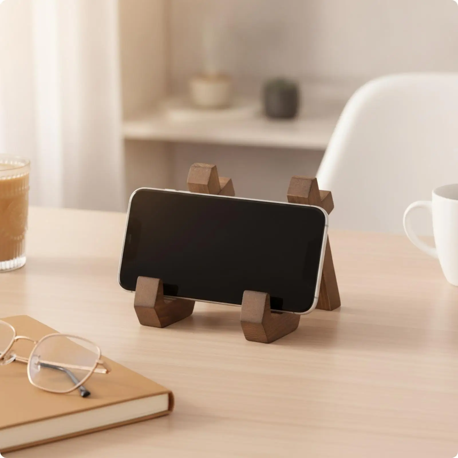 Rustic Brown Wood Book Stand Holder for Kitchen Recipe Reading and Phone Viewing