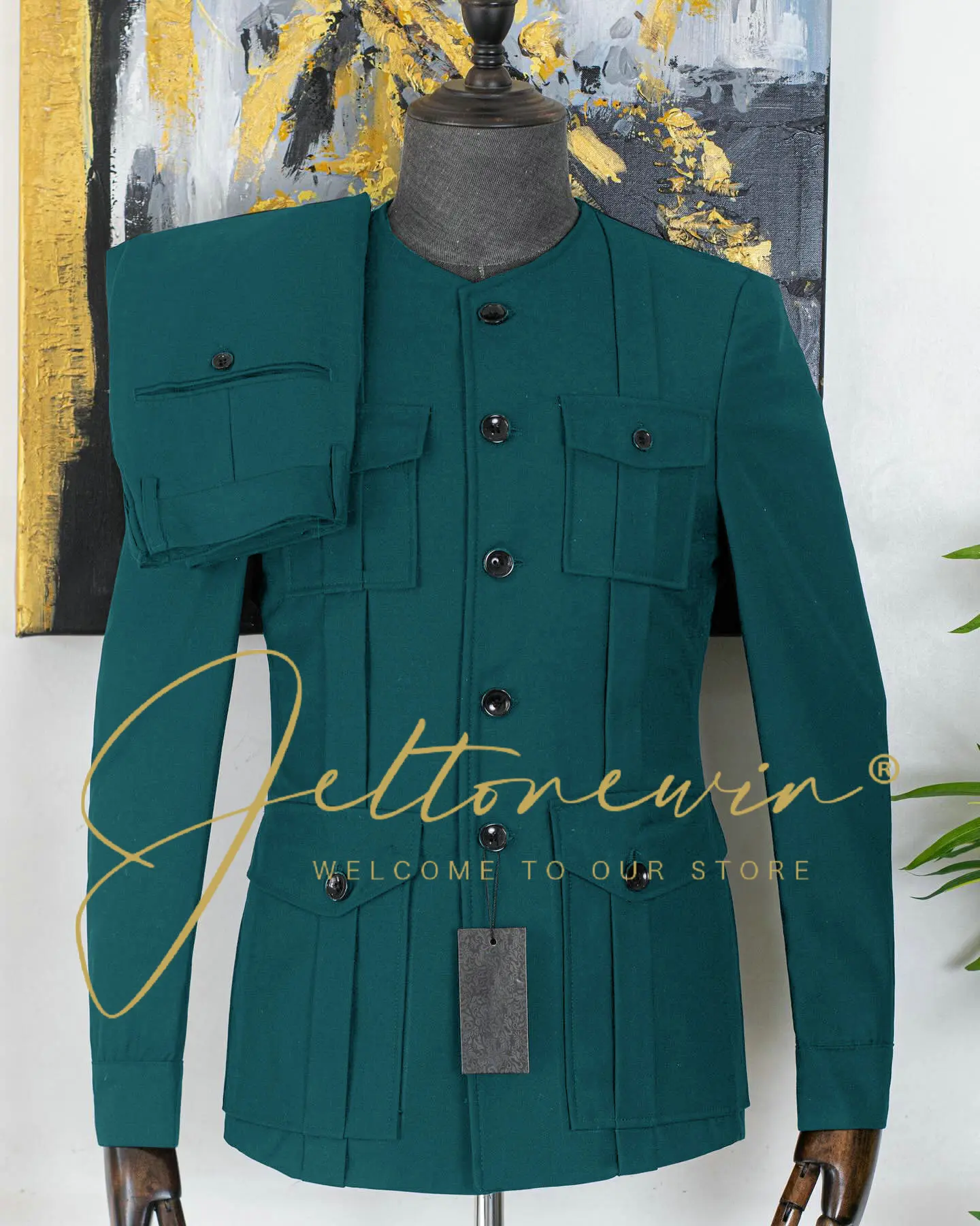 

Мужской черный костюм-двойка с воротником-стойкой и курткой на одной пуговице, приталенная официальная одежда для свадебной вечеринки, жениха