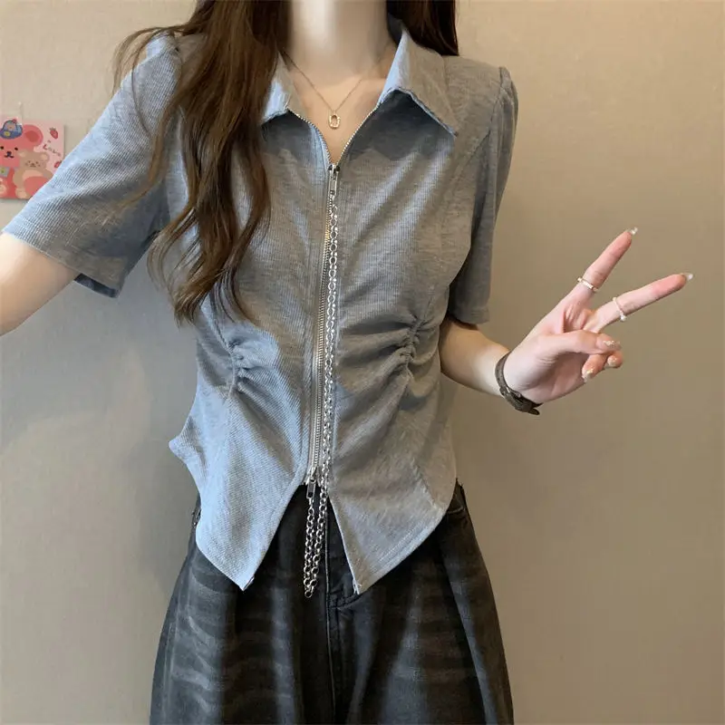 

Women Clothes Summer Fashion Casual Slim Zipper Solid Color Polo Collar Simplicity All-match Fashionable Short Sleeve Cardigan