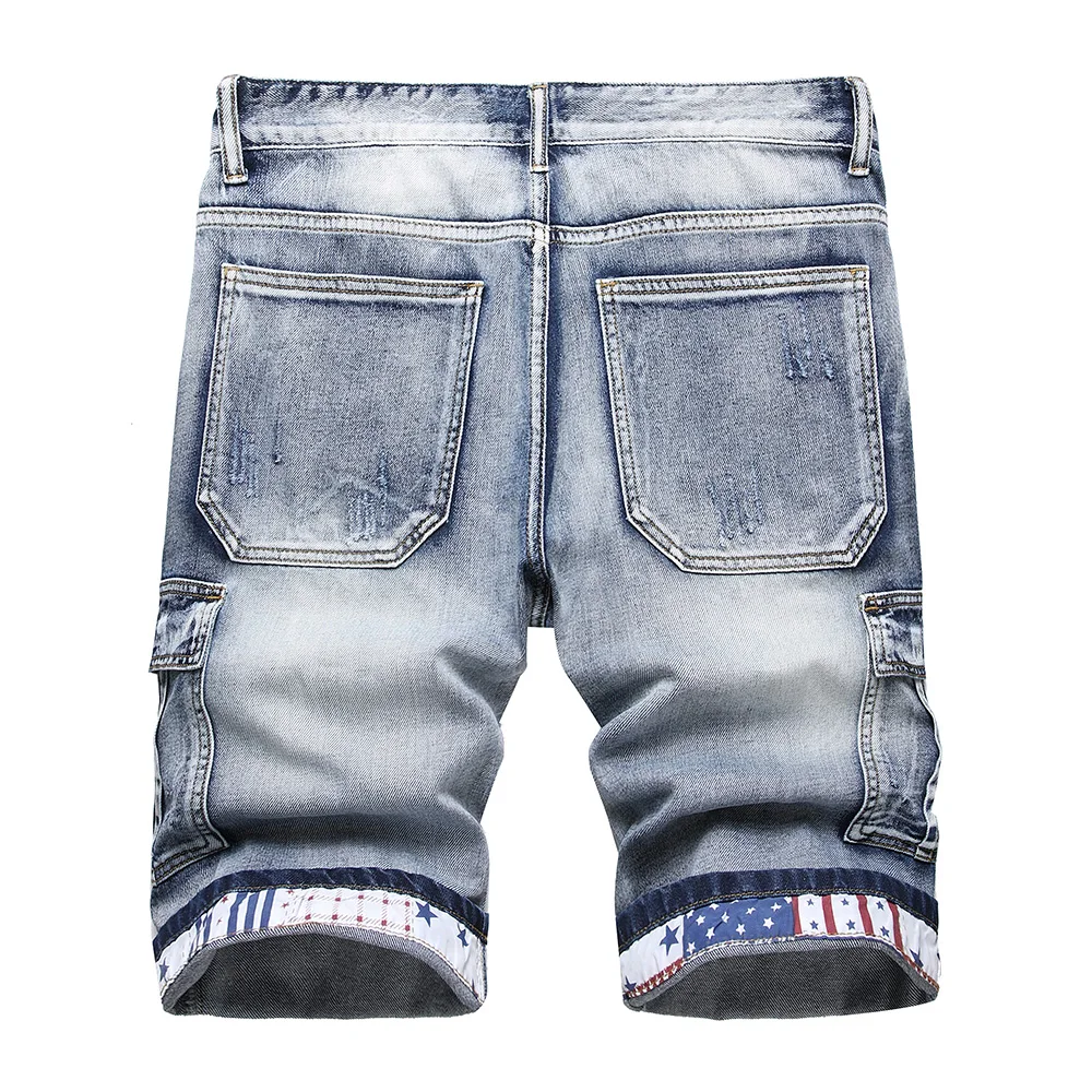 남성용 멀티 포켓 카고 데님 반바지, 미국 국기 별 줄무늬 롤업 밑단 청바지, 플러스 사이즈 큰 무릎 길이 바지, 여름
