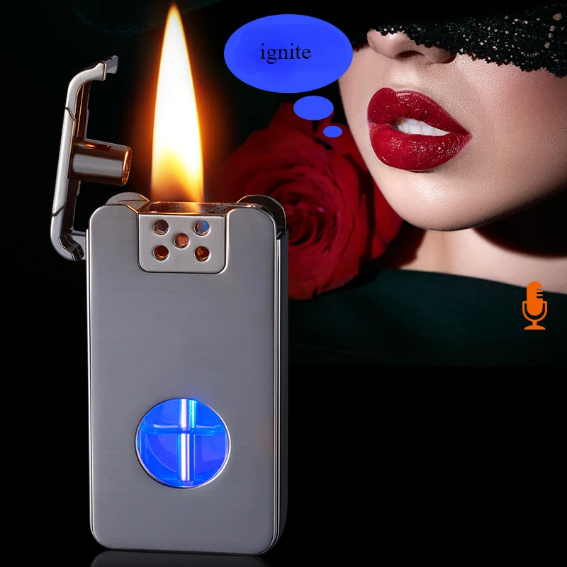 Creative Intelligent Voice-controlled Ignition LED Windproof Lighter Blue Light Transparent Fuel Tank Large Capacity