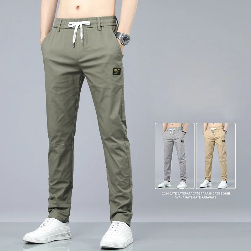 

Summer Men Soft Stretch Lyocell Fabric Green Khaki Casual Pants Male Thin Straight Drawstring Elastic Waist Business Trousers