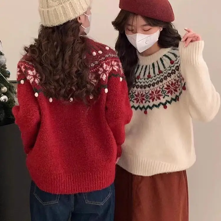 Vintage Jacquard Christmas New Year Red Knitted Sweater Women's Hoodie Loose Autumn/Winter Thick Soft Sticky Knitted Top 2025