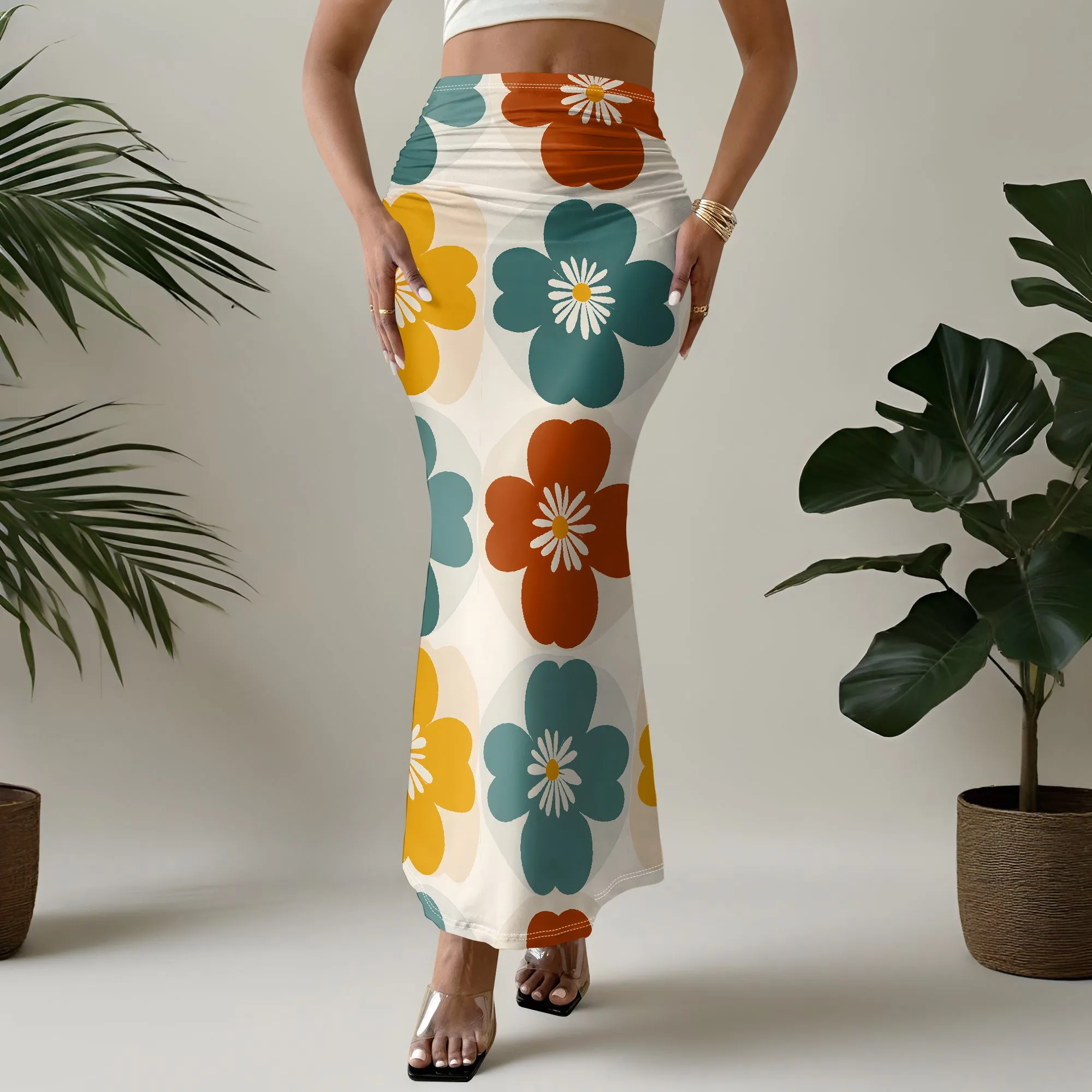 Retro Floral Mermaid Skirt, Vintage Print Midi, Boho Party Wear, S-2XL