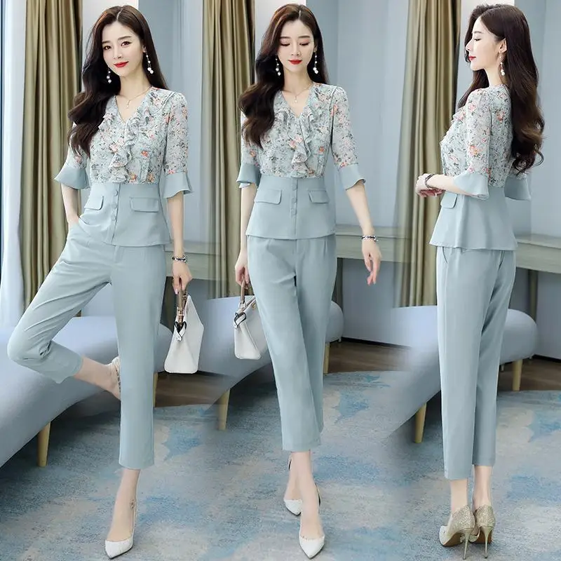 Celebrity Temperament Chiffon Shirt Large Set Summer New Goddess Style Casual Fashion Reducing Age Professional Two Piece Set