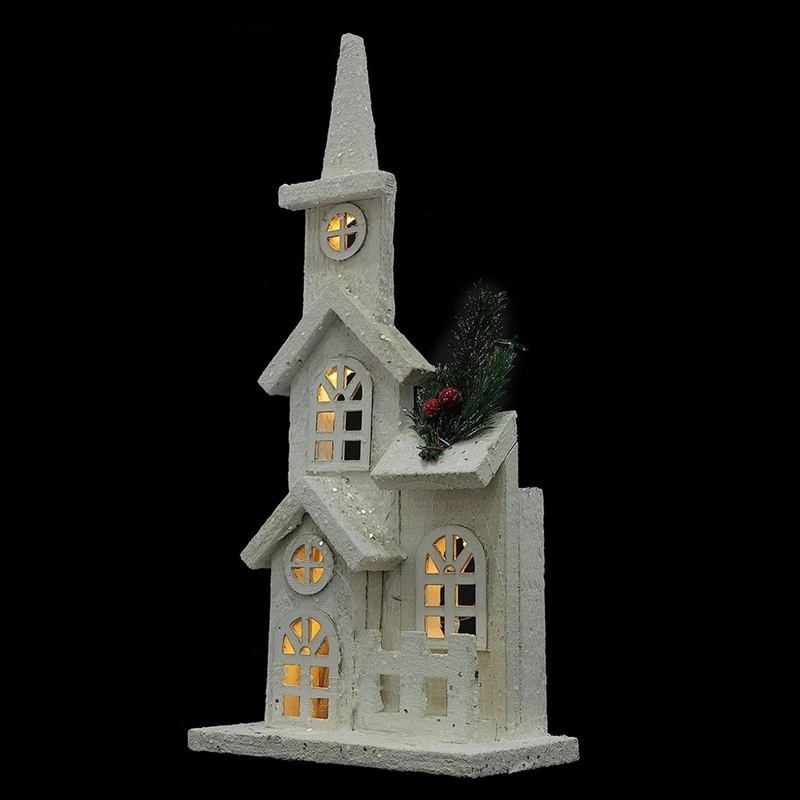 1 PCS Christmas Village Christmas LED Church Light House Snow Scene White Wood Xmas Decorations For Christmas Desktop Ornament