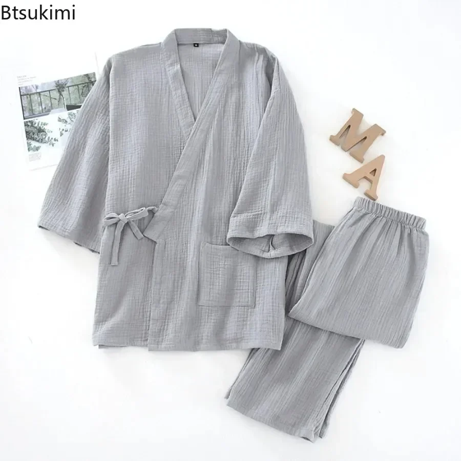 

2025 Men's Cotton Pajamas Loose Bathrobes V-Neck Kimono Sleepwear Three Quarter Sleeve Lace-up Tops+Pants Homewear Sets for Men