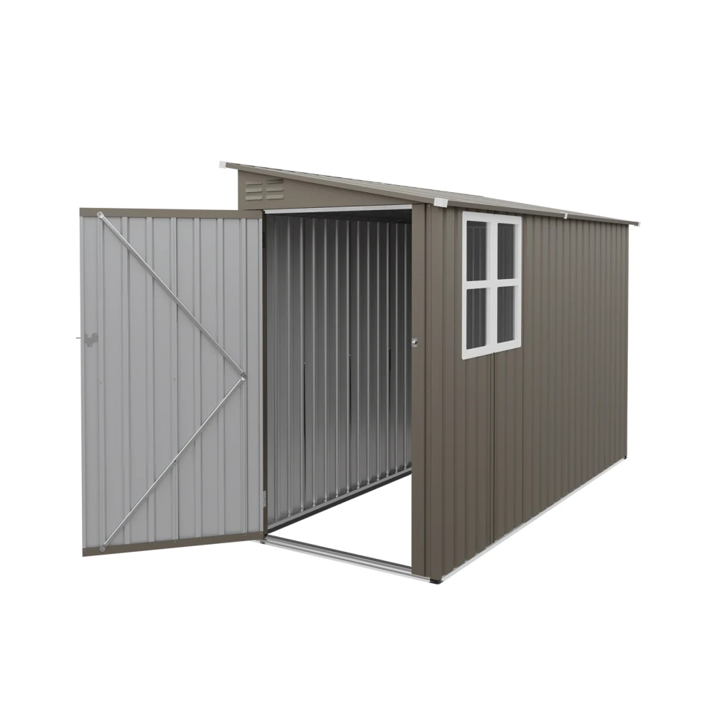 4*9FT Olive Grey Outdoor Metal Storage Shed, Galvanized Thick Frame Color Steel Tool House with Light-transmitting Window for Backyard Garden Equipment Storage(3.97*9.22ft)