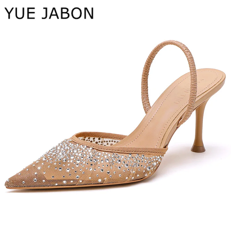 Mesh Rhinestone High Heel Sandals Women Fashion Designer Slingback Summer Shoes Female Glitter Gems Pointed Toe Pumps Women