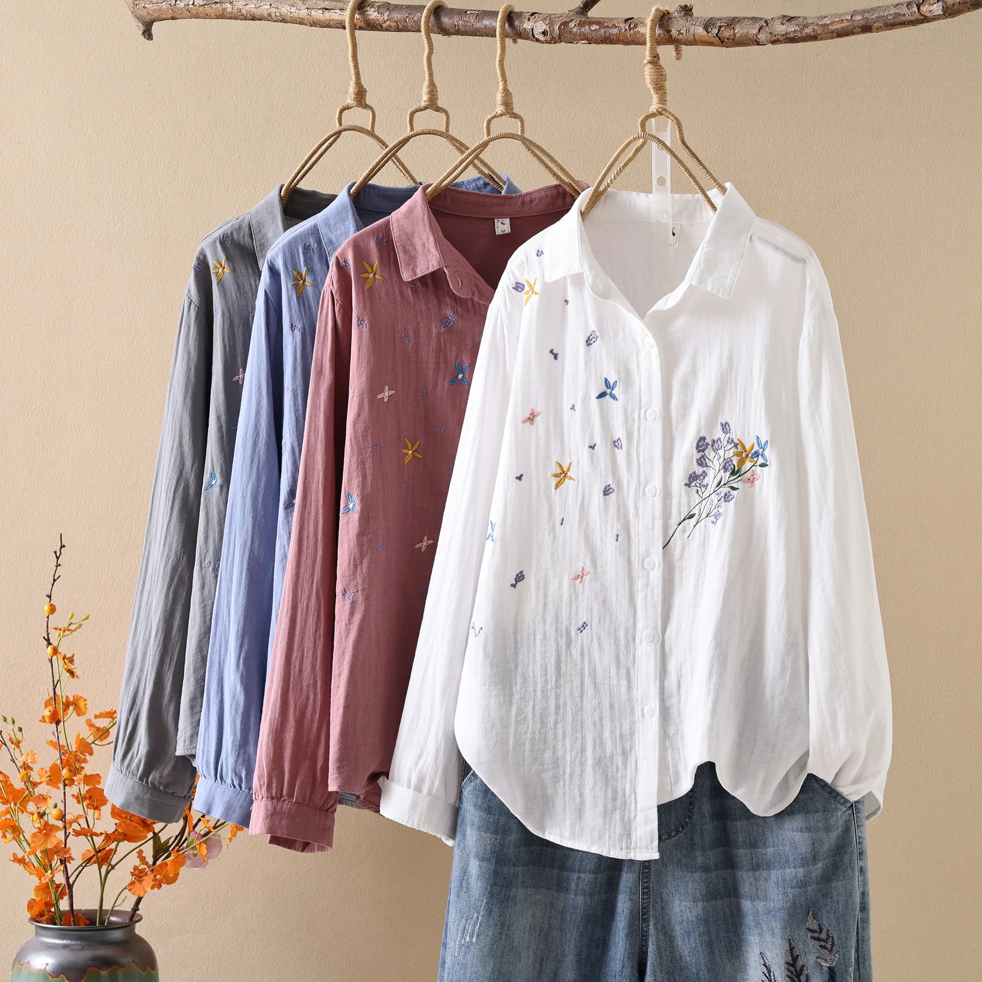 

Japanese Sweet Mori Girl Cartoon Star Floral Embroidery Cotton Shirts Women Autumn Turn Down Collar Long Sleeve Casual Blouse