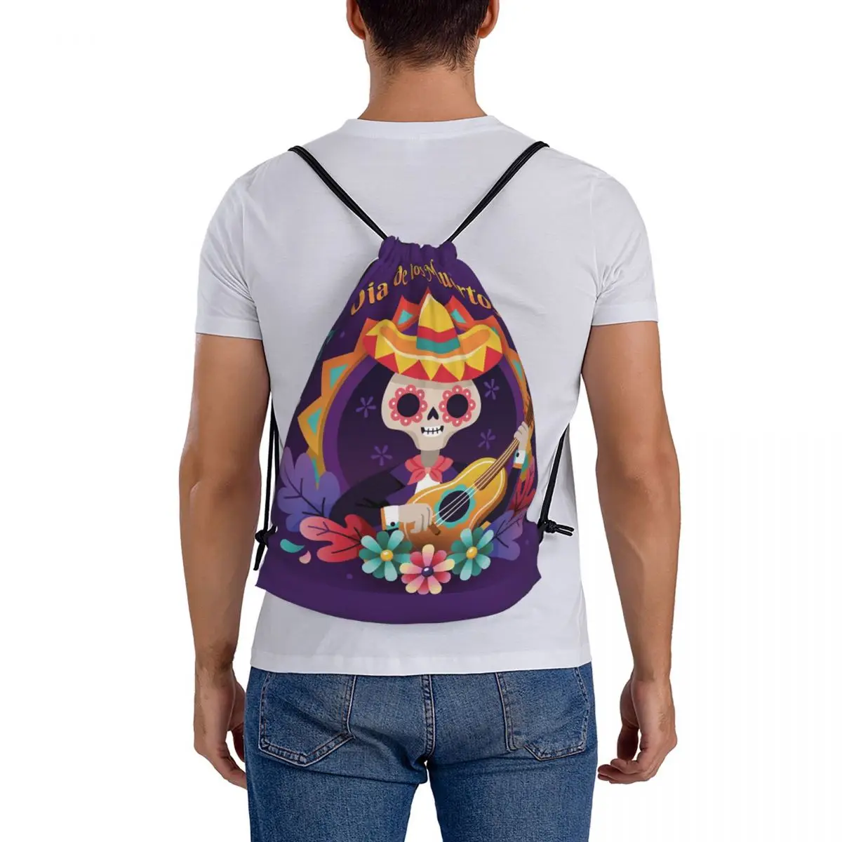Mexican Sugar Skulls And Flowers Backpacks Multi-function Drawstring Bags Sports Bag Book Bags for Travel Students