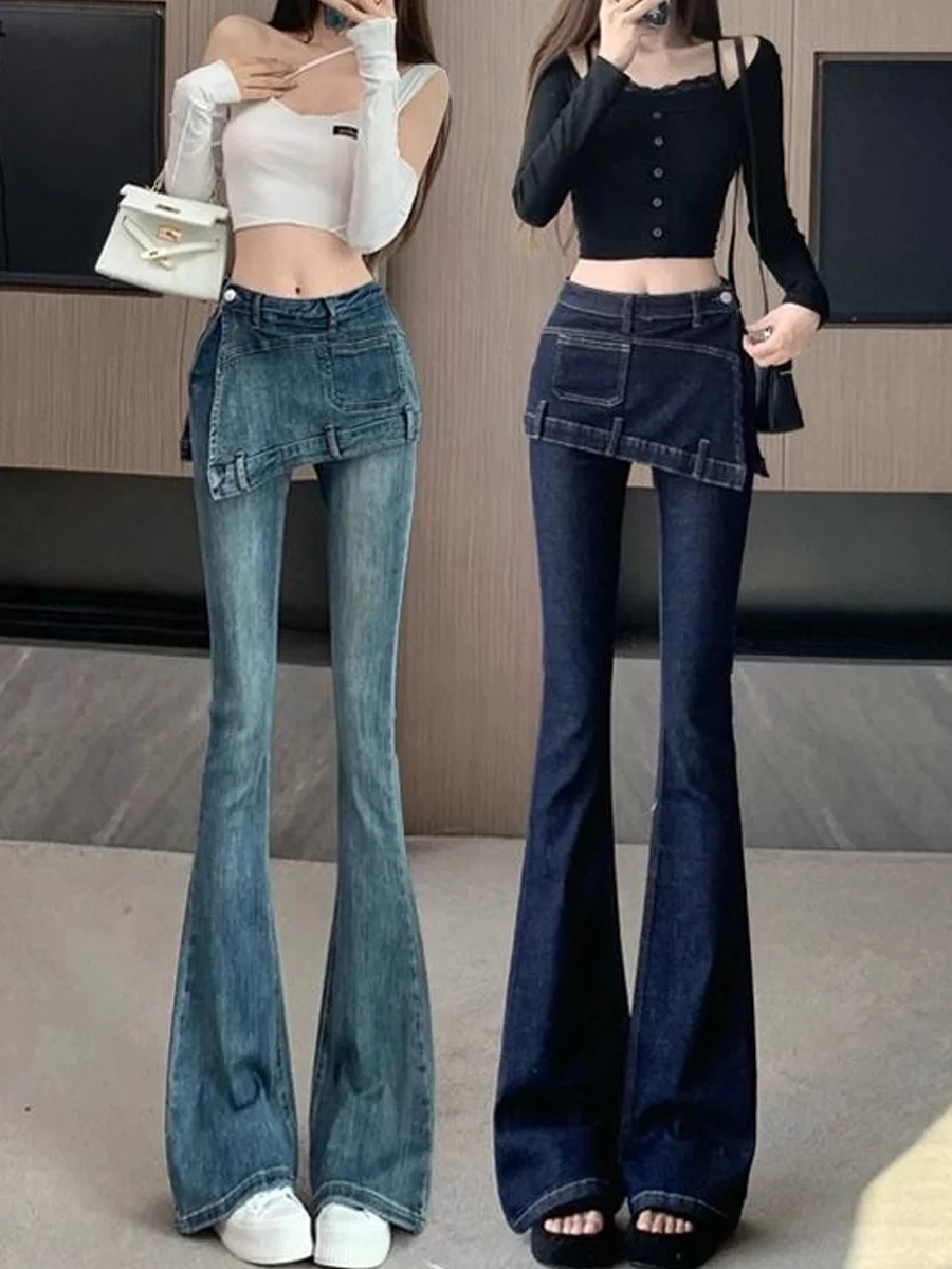 

Retro Hot Girl Micro Flared Jeans Women Summer Design Sense Euro Goods Fake Two-Piece High Waist Bell Bottoms Draping Floor-L...