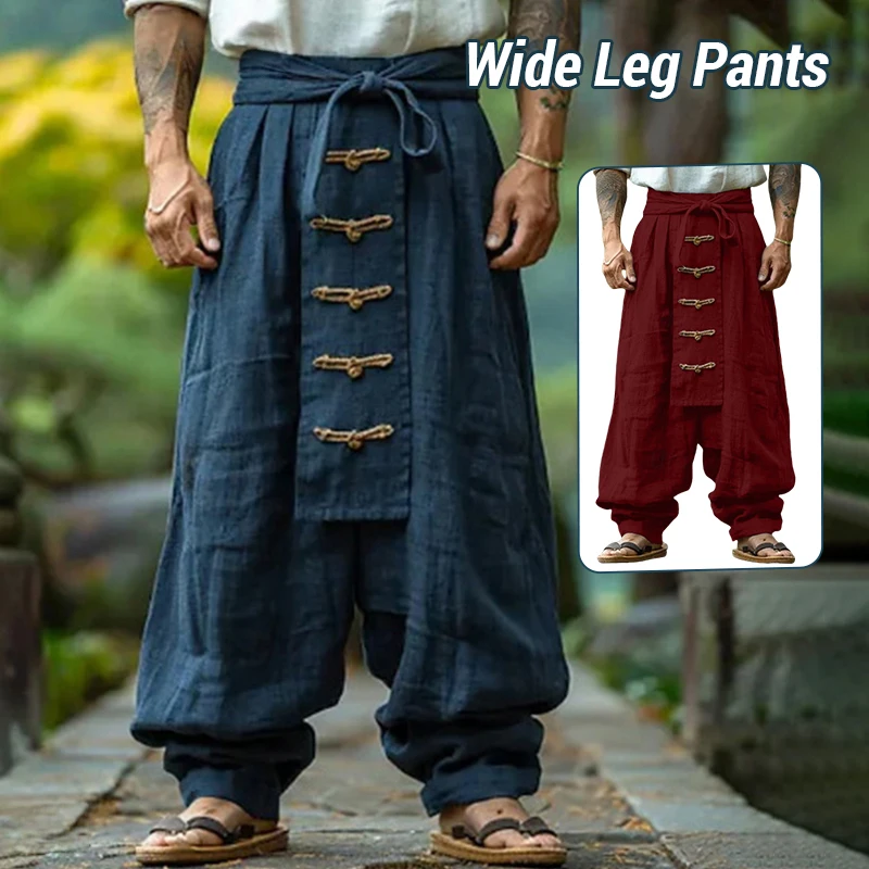 Ethnic Style Casual Cotton Linen Wide Leg Pants Spring Summer Literary Retro Men Solid Color Lace-up Baggy Pants Streetwear