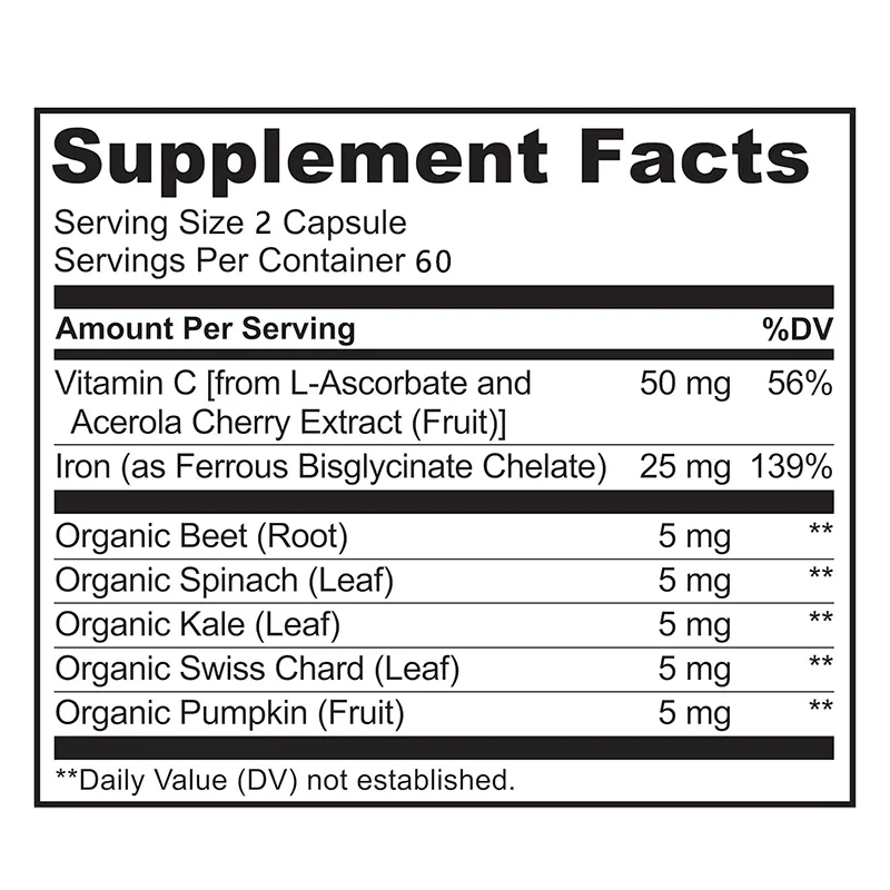 Iron Capsules - with Vitamin C - for Blood Health Boosts Energy Level Fortifies Immune