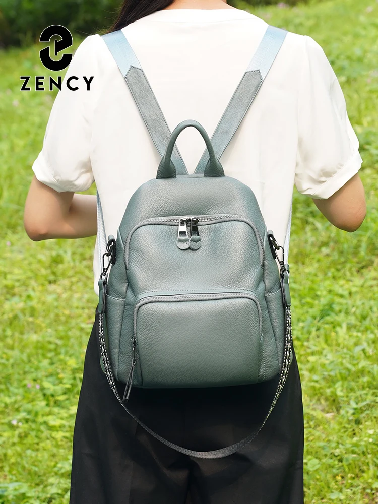 Zency 100% Genuine Leather Small City Backpack for Women Large Capacity Rucksack Natural Shoulder Bag Multi Pockets 2026 New