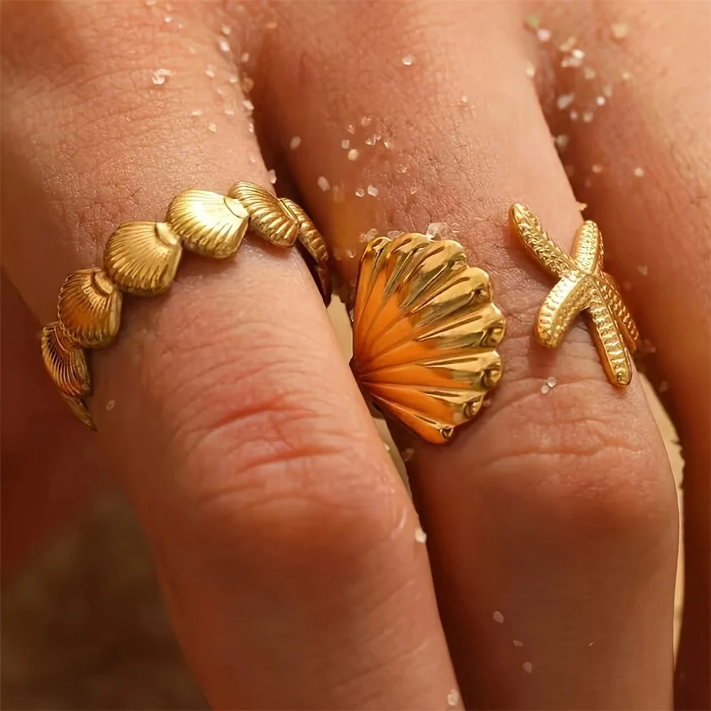 مجموعة خواتم قابلة للتعديل على شكل نجم البحر المحيط للنساء باللون الذهبي من الفولاذ المقاوم للصدأ قابلة للتكديس خاتم مفتوح هدية لقضاء عطلة الشاطئ