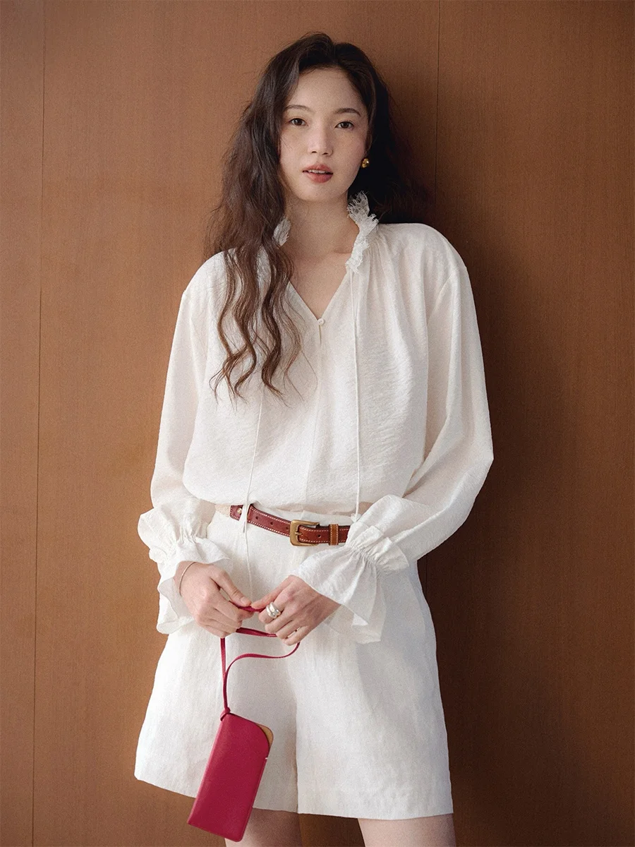 

Винтажная женская футболка из смесового шелка с V-образным вырезом, плиссированной текстурой и длинными рукавами, белая, элегантная, модная