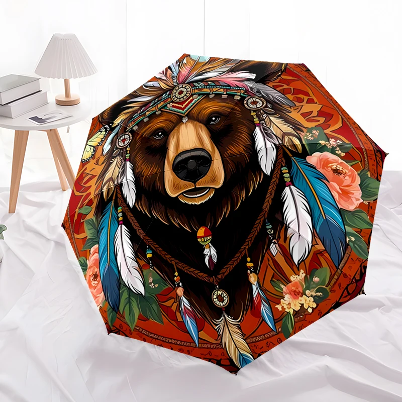 Bear Theme Design Folding Umbrella - Fashionable Auto-Open Design 8 Iron Ribs Plastic Handle Foldable Sunshade，Perfect Gifts