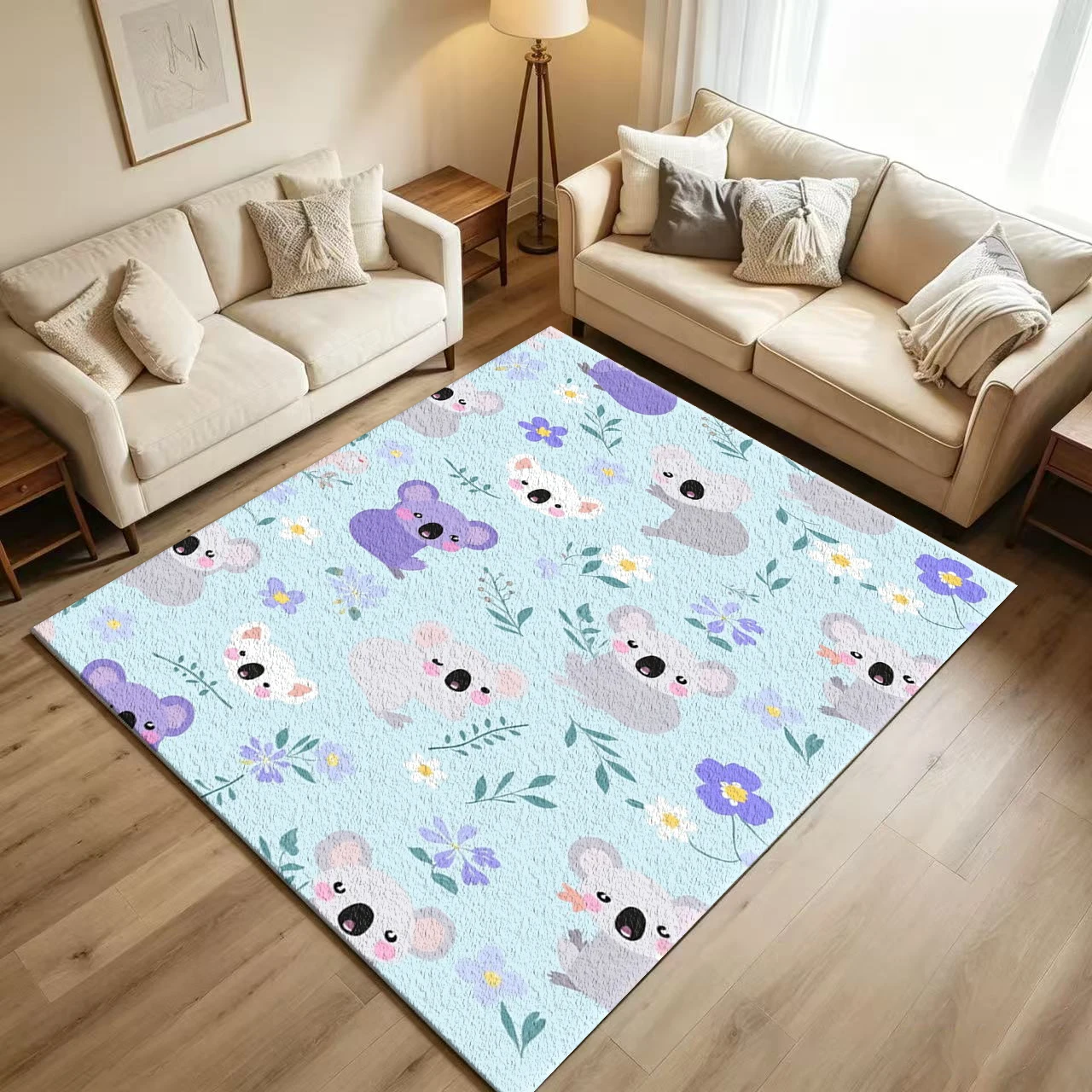 Cute Koala Floral Print Carpet Flooring Fresh Cartoon Style Floor Rug for Household Indoor Living Area Decoration