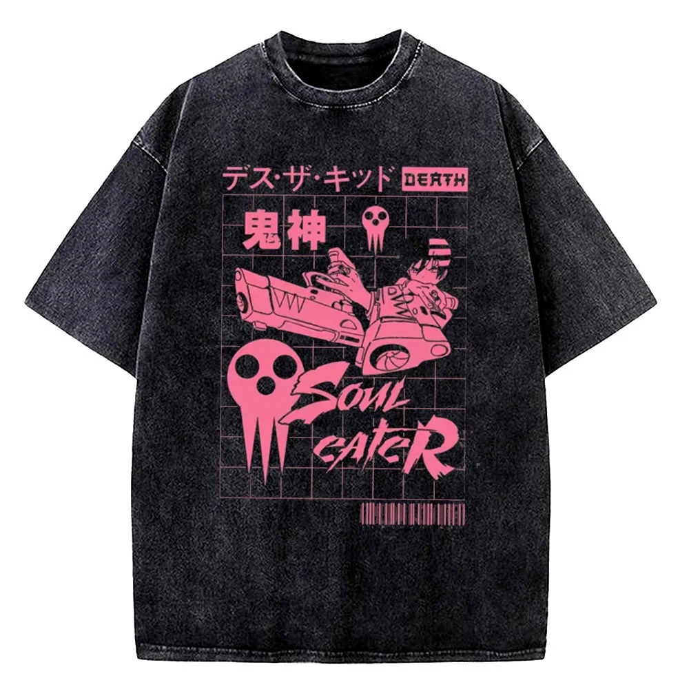 Soul Eater Vintage Washed cotton top tees teen University aesthetic 2000s Classic t-shirt Breathable University korean clothes