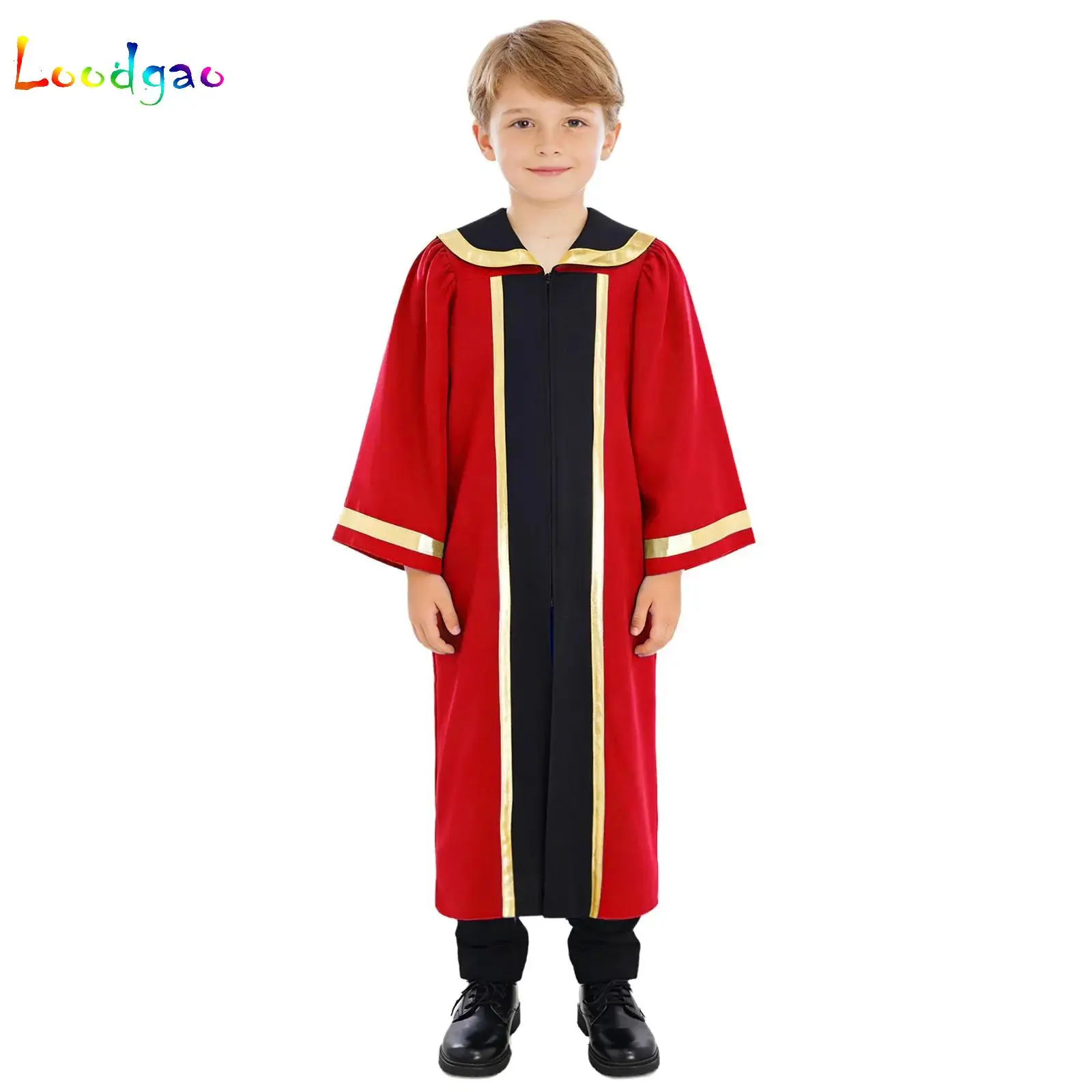 Unisex Boys Girls Choir Robe Halloween Cosplay Theme Party Costume Front Split Zipper Long Sleeve Color Block Priest Gown